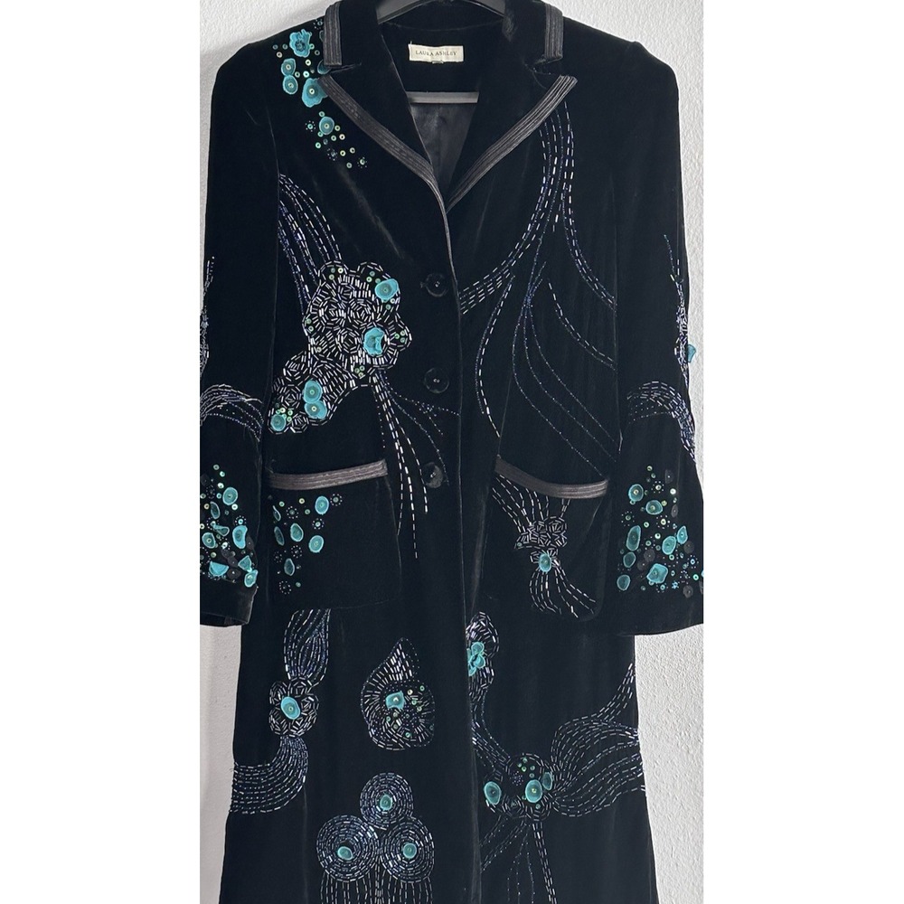 Laura Ashley Velvet Opera Coat Black Embellished Art To Wear Beaded Sequin 10